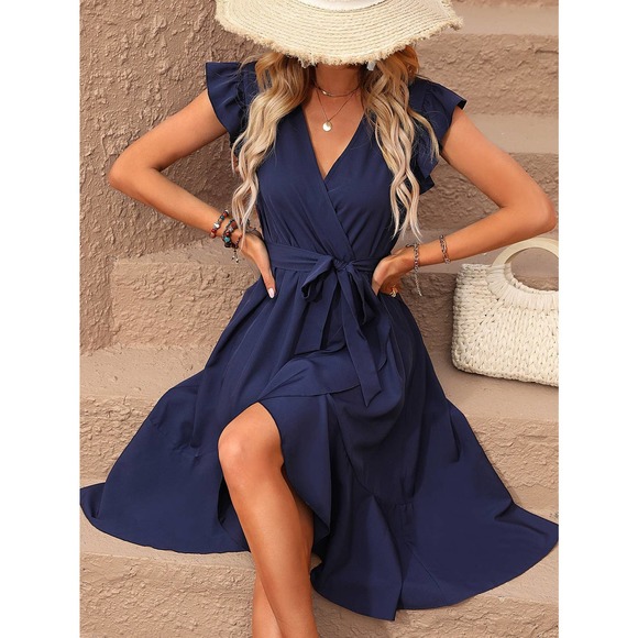 Butterfly Sleeve Ruffle Trim Wrap Hem Belted high low midi Dress - Picture 8 of 11
